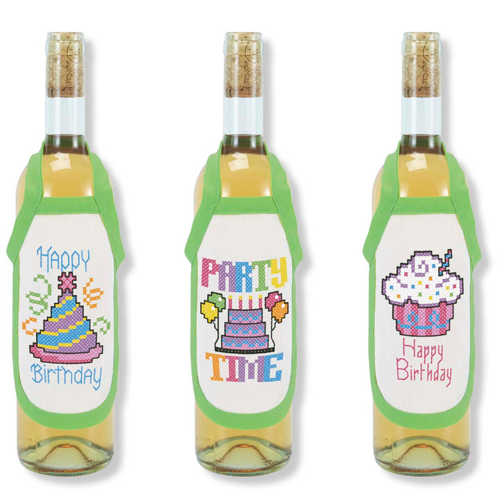 Herrschners Birthday Wishes Bottle Aprons Stamped Cross-Stitch Kit