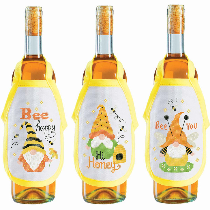 Herrschners Bee Happy Gnome Bottle Aprons Counted Cross-Stitch Kit