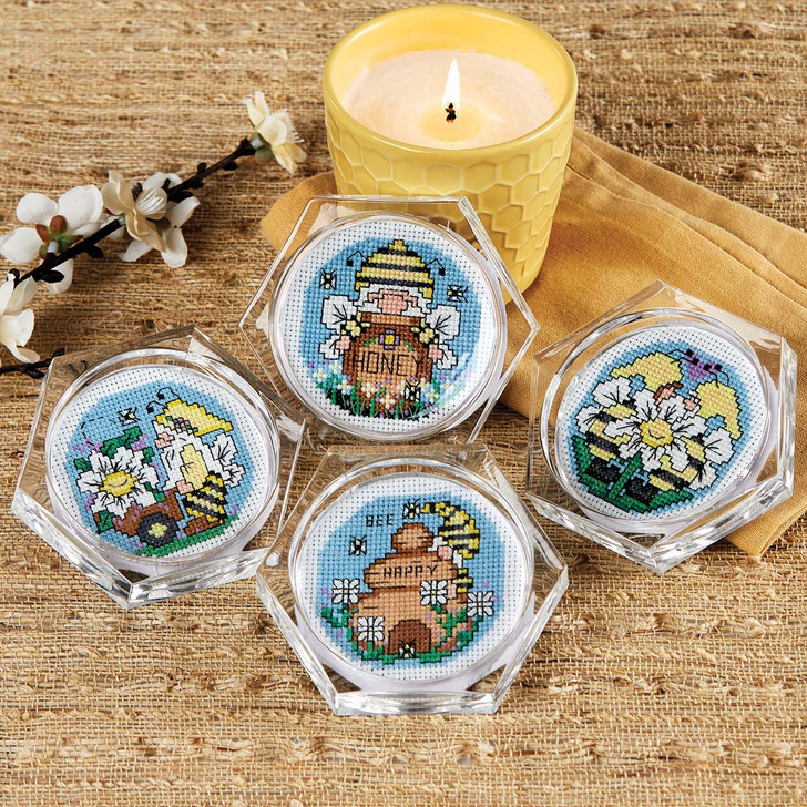 Herrschners Honey Bee Gnomes Coasters Counted Cross-Stitch Kit
