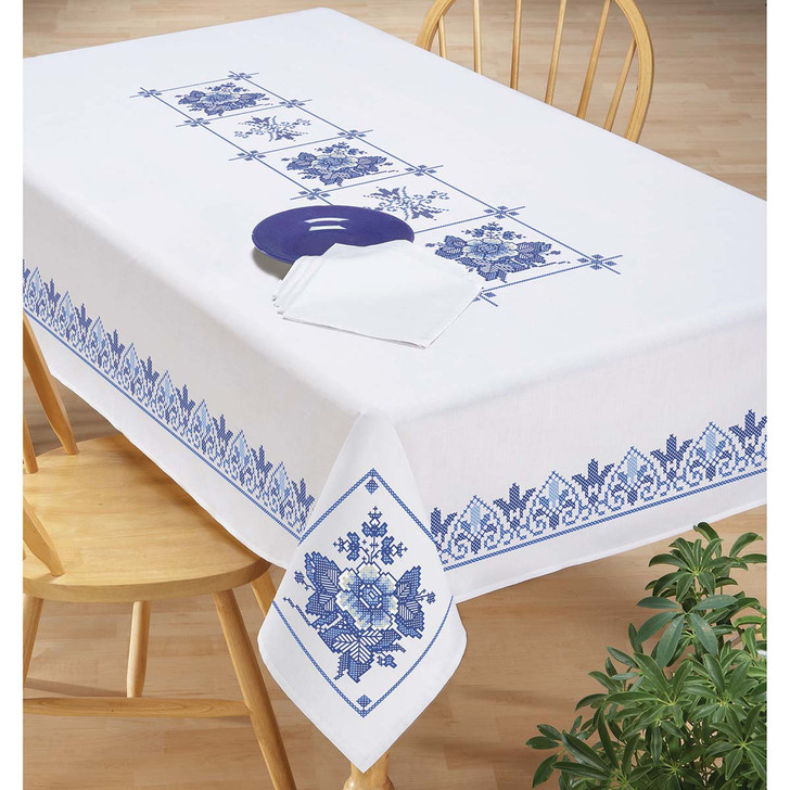 Nob Hill Porcelain Garden Tablecloth Stamped Cross-Stitch