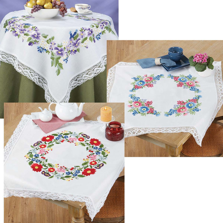 Village Linens Circle of Flowers, Purple Pansies & River Daisies Set Stamped Embroidery