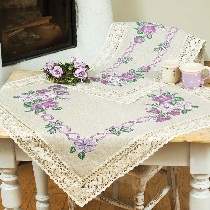 Craftways Chain of Purple Roses Table Topper & Table Runner Stamped Cross-Stitch