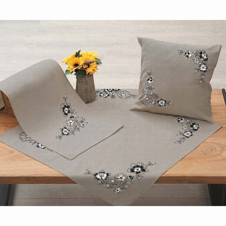 Duftin Black & White Flowers Topper, Runner & Pillow Cover, Set of 3 Stamped Embroidery Kit