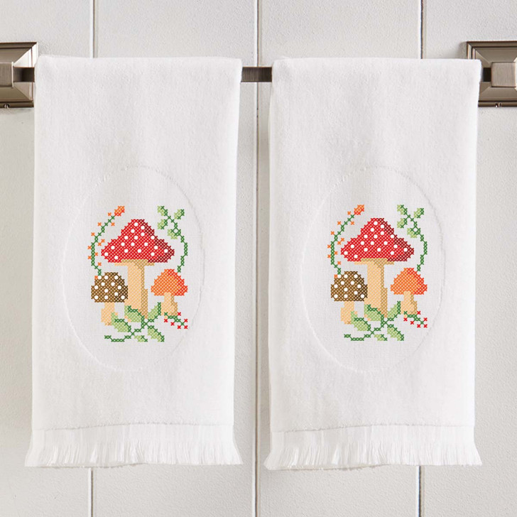 Herrschners Mushroom Meadows Terry Towel Pair Stamped Cross-Stitch