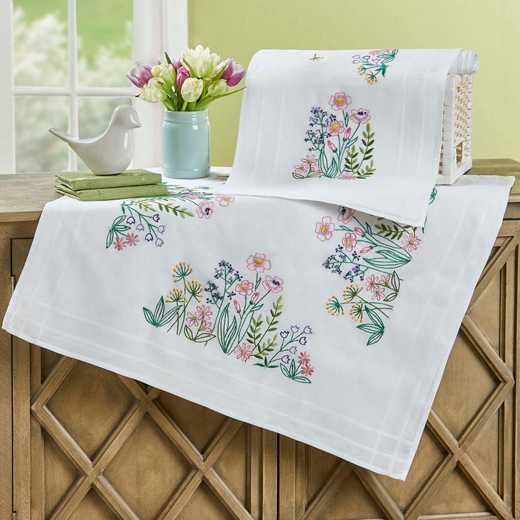 Herrschners Flower Garden Table Topper & Runner Stamped Embroidery Kit