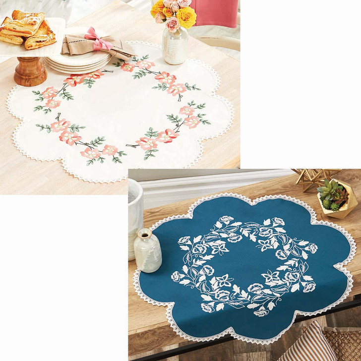 Herrschners Flower Shape Table Toppers Stamped Embroidery