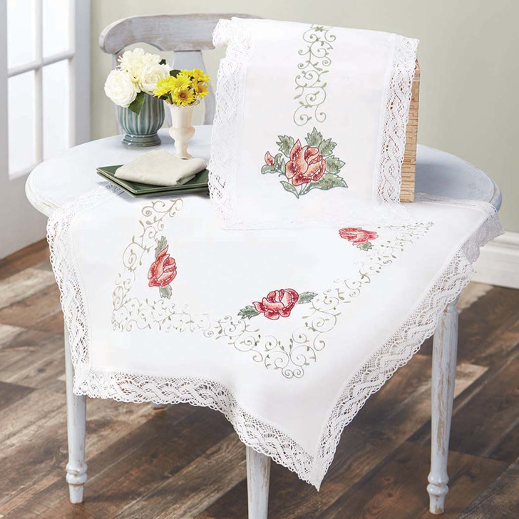 Herrschners Red Roses Table Topper & Runner Stamped Embroidery
