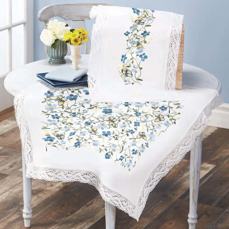 Herrschners Blue Flowers Table Topper & Runner Stamped Embroidery