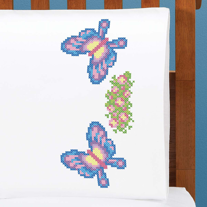 Herrschners Beautiful Butterflies Pillowcase Pair Stamped Cross-Stitch