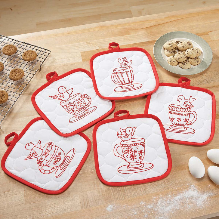 Herrschners Teatime Tweets Pot Holders Stamped Embroidery