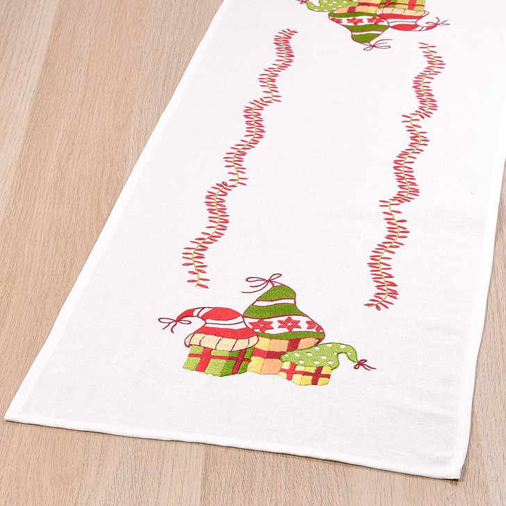 Herrschners Gnome Present Boxes Table Runner Stamped Embroidery Kit