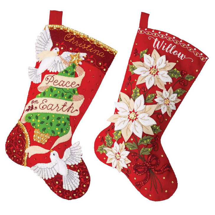 Bucilla Peaceful Doves & Post Poinsettia, Set of 2 Stocking Kit