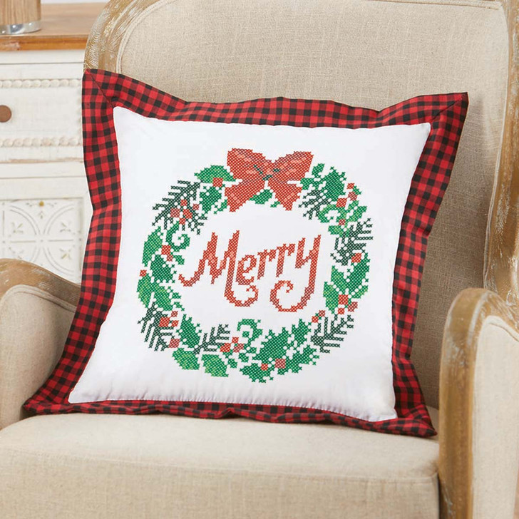 Herrschners Merry Tidings Pillow Cover Stamped Cross-Stitch Kit