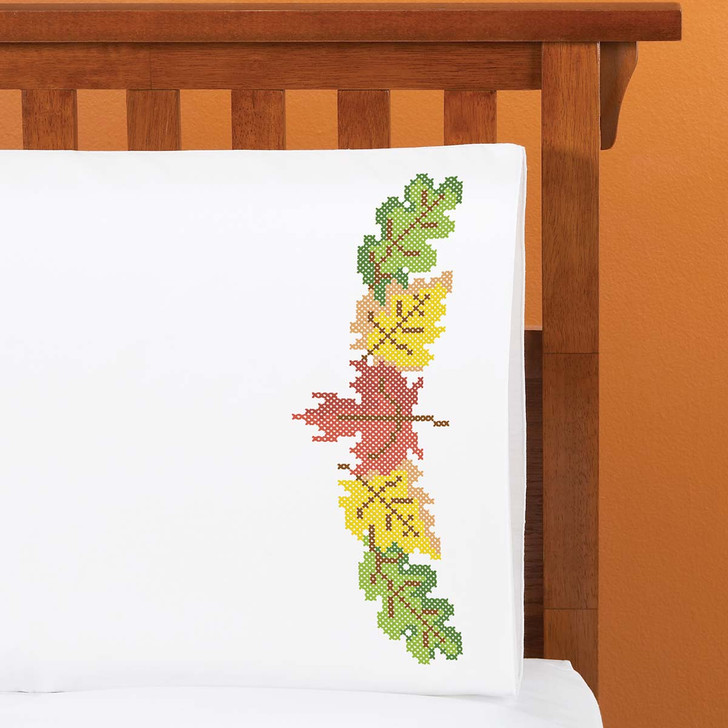 Herrschners Home Autumn Leaves Single Pillowcase Stamped Cross-Stitch