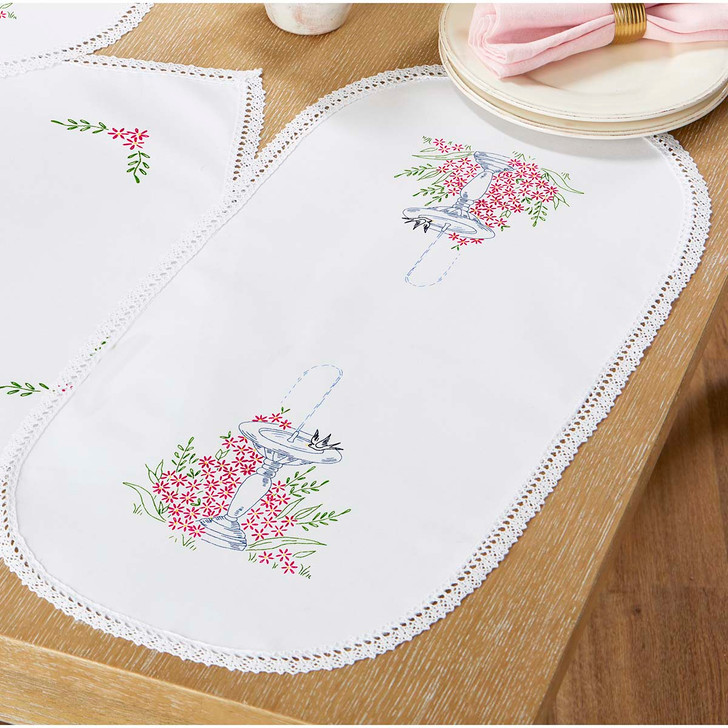 Herrschners Birdbath Garden Table Runner Stamped Embroidery