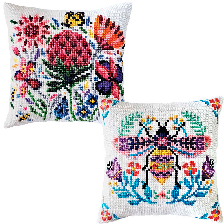 Collection D'Art Meadow Clover & Flower Bee Cushions, Set of 2 Needlepoint