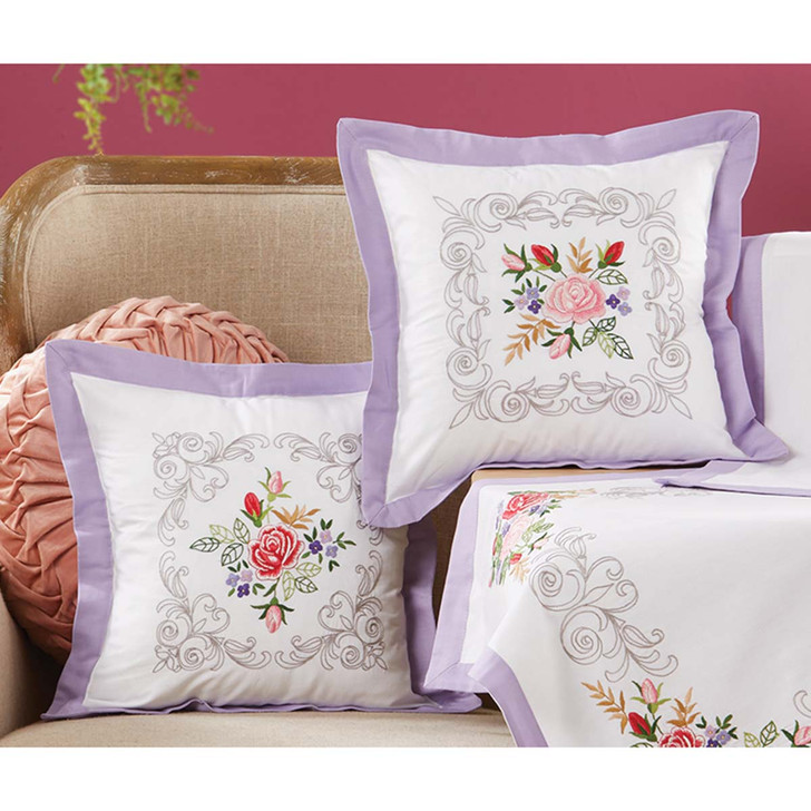 Herrschners Rose & Lilac Pillow Cover, 2 Piece Set Stamped Embroidery