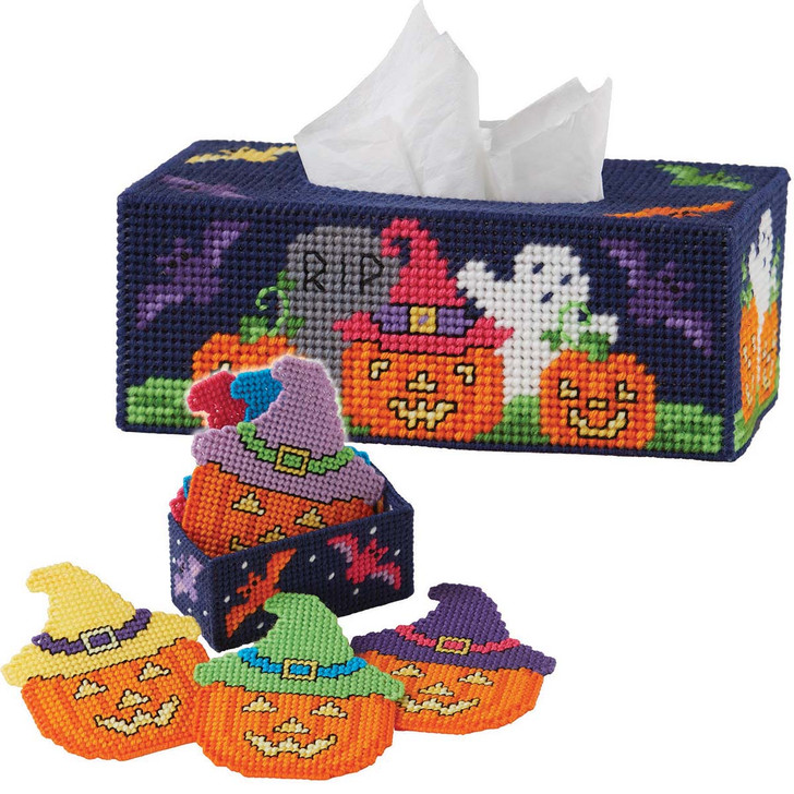 Herrschners Spooky Pals Tissue Box & Coasters, Set of 2 Plastic Canvas Kit