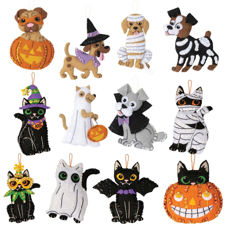 Halloween Cats & Trick or Treat Puppies, Set of 2 Felt & Sequin Kit