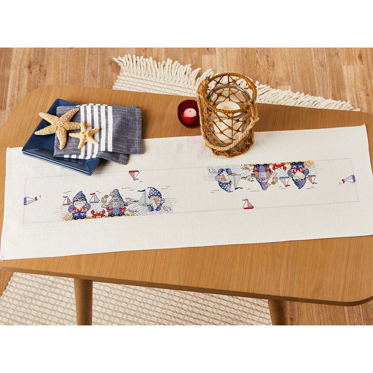 Herrschners Blue Gnomes at the Beach Table Runner Counted Cross