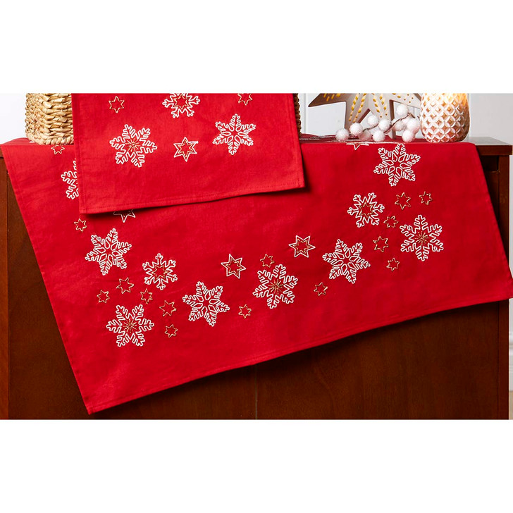 Herrschners Snowflakes on Red Table Topper Stamped Embroidery Kit