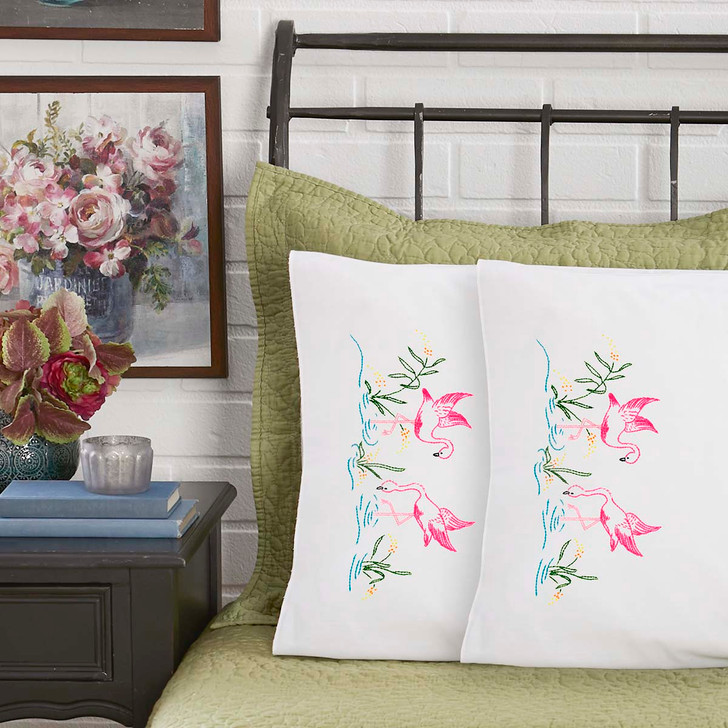 Herrschners Tropical Flamingos Pillowcase Pair Stamped Embroidery