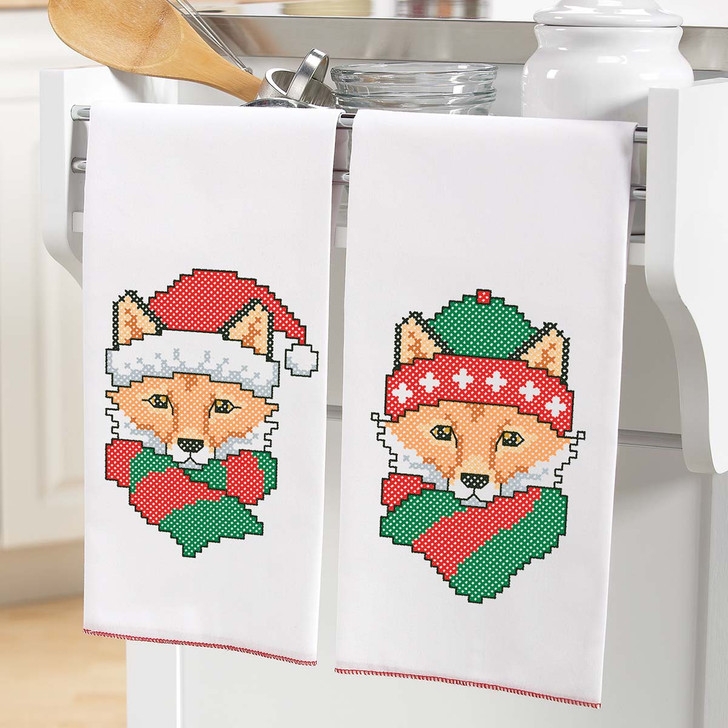 Herrschners Winter Woodland Fox Towel Pair Stamped Cross-Stitch