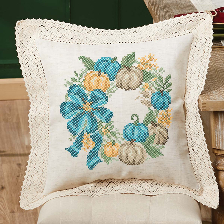 Herrschners Blue Harvest Wreath Pillow Cover Stamped Cross-Stitch Kit