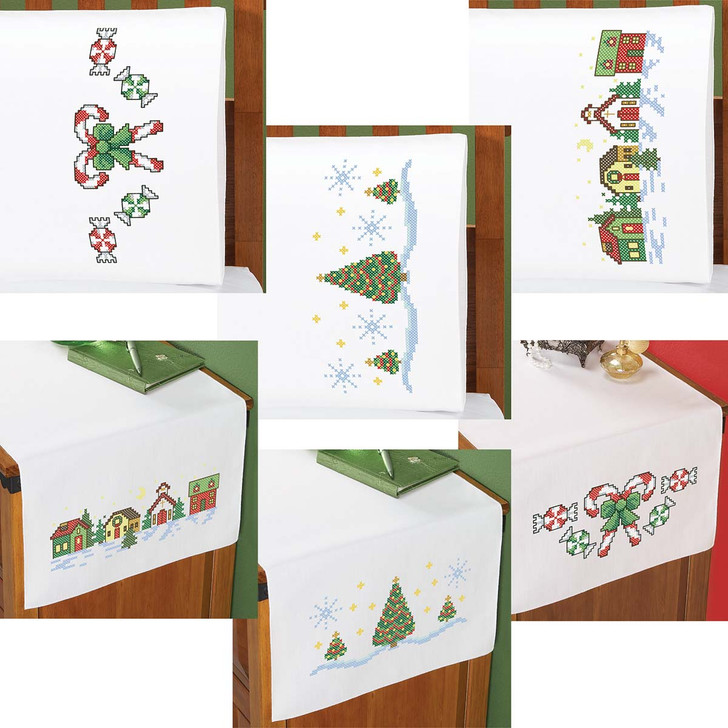 Herrschners Seasons Greetings Pillowcase Pair or Dresser Scarf Thread Kit