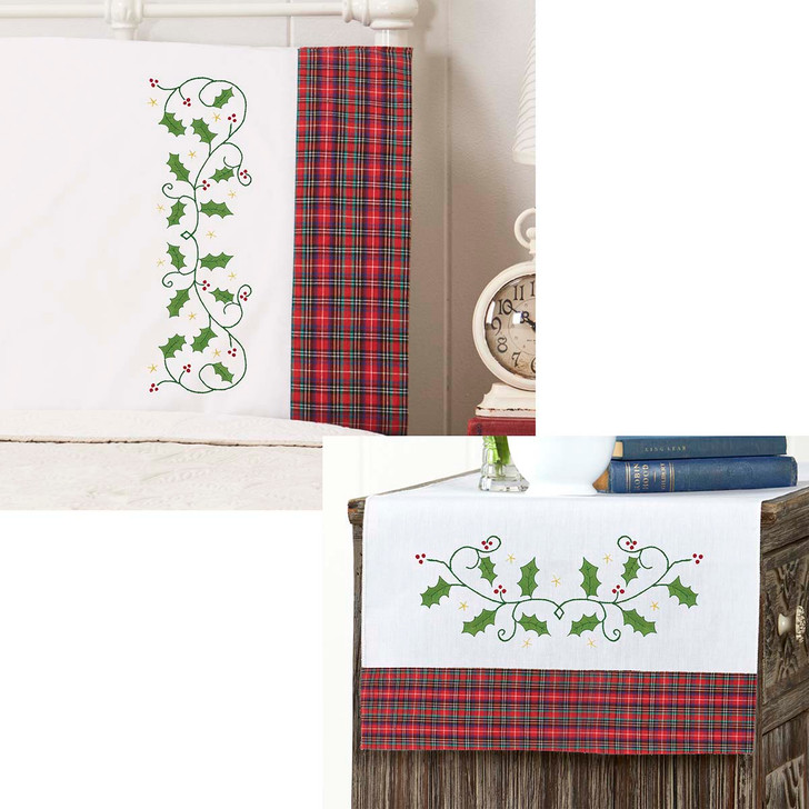 Herrschners Christmas Holly Pillowcase Pair or Dresser Scarf Thread Kit