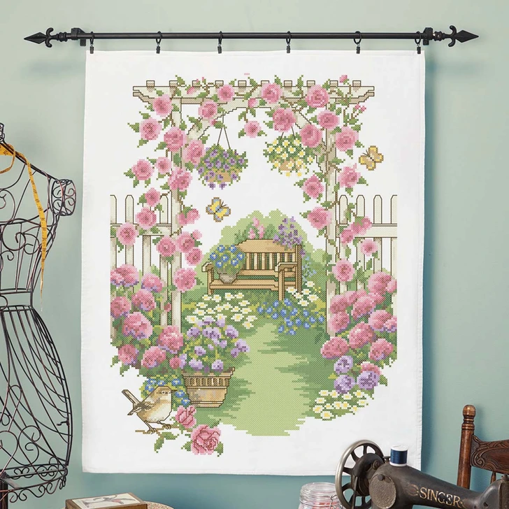 Herrschners Hidden Garden Lap Quilt Top Stamped Cross-Stitch Kit