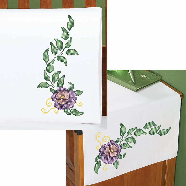 Herrschners Delicate Rose Pillowcase Pair or Dresser Scarf Thread Kit