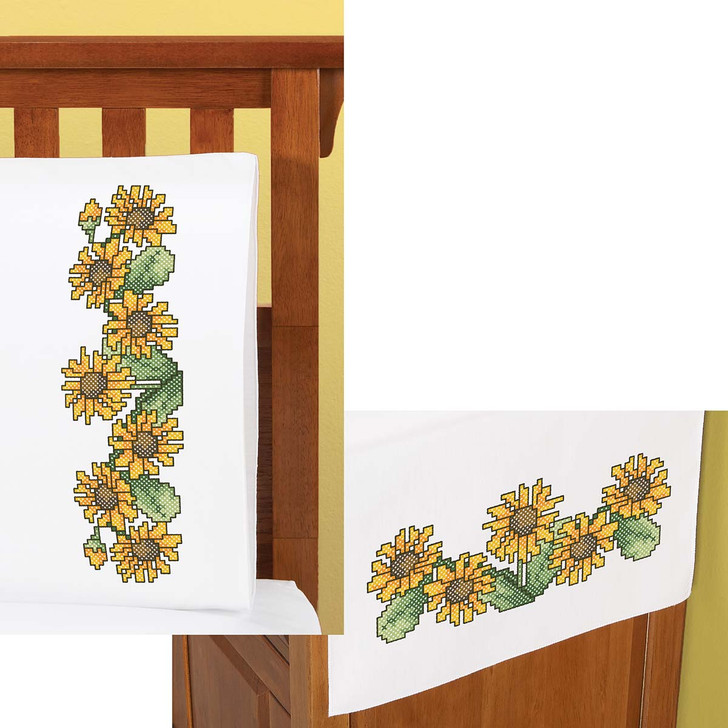Herrschners Black-Eyed Susans Pillowcase Pair or Dresser Scarf Thread Kit