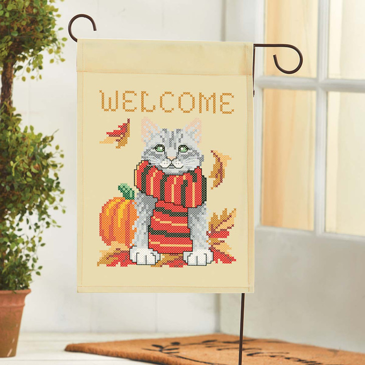 Herrschners Fall Cat Porch Flag Stamped Cross-Stitch Kit