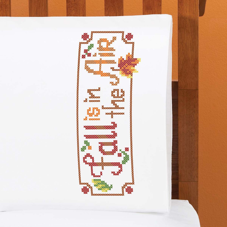 Herrschners Fall is in the Air Pillowcase Pair Stamped Cross-Stitch