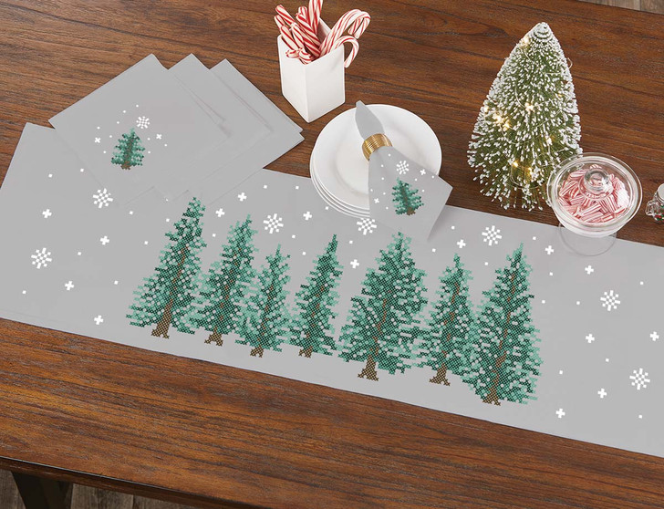 Herrschners Winter Evergreens Table Runner & Napkins Set Stamped Cross-Stitch