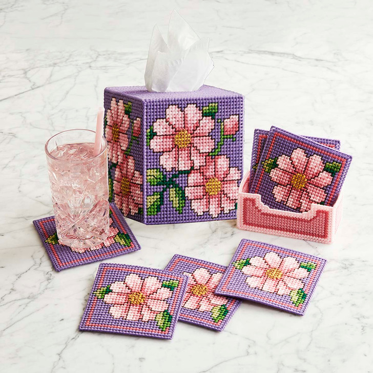 Herrschners Delicate Blooms Tissue Box & Coasters Set Plastic Canvas
