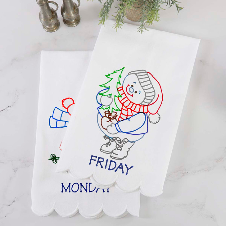 Aunt Martha's Snowman Transfers & Scallop Hem Towel Pair Set