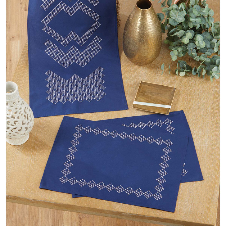 Herrschners Sashiko I & II Table Runner & Place Mats Set Stamped Embroidery Kit