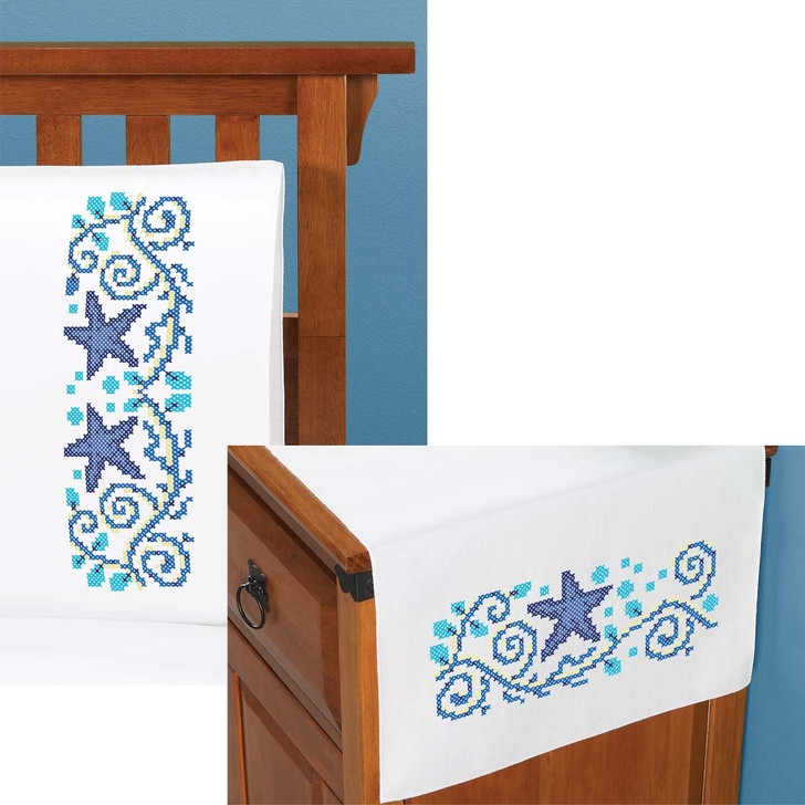 Herrschners Seaside Treasures Pillowcase Pair & Dresser Scarf Set Stamped Cross-Stitch