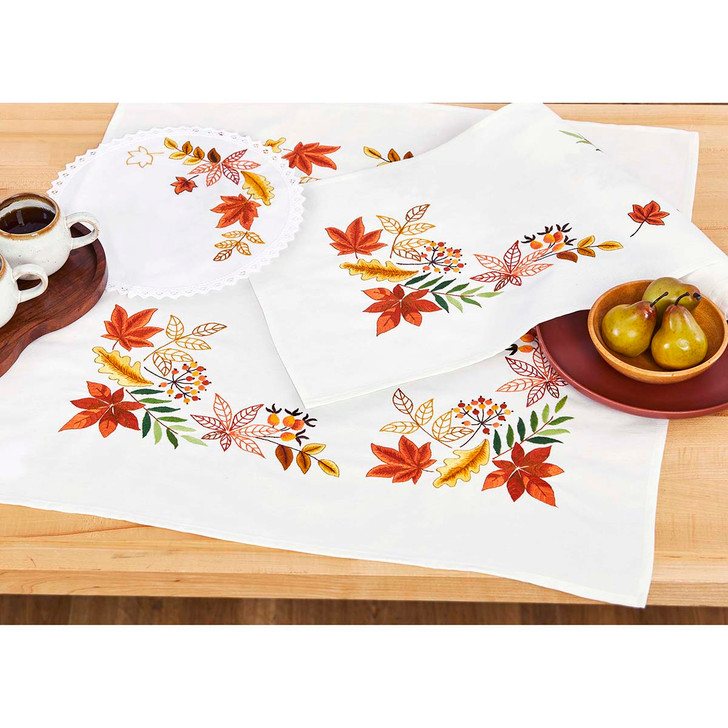 Herrschners Autumn Tossed Leaves Set Stamped Embroidery Kit