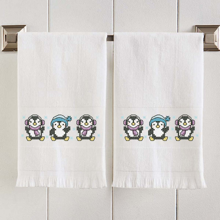 Herrschners Penguin Pals Terry Towel Pair Stamped Cross-Stitch