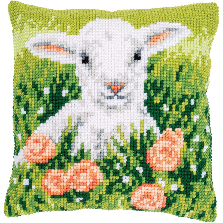 Vervaco Lamb Among Flowers Cushion Needlepoint Kit