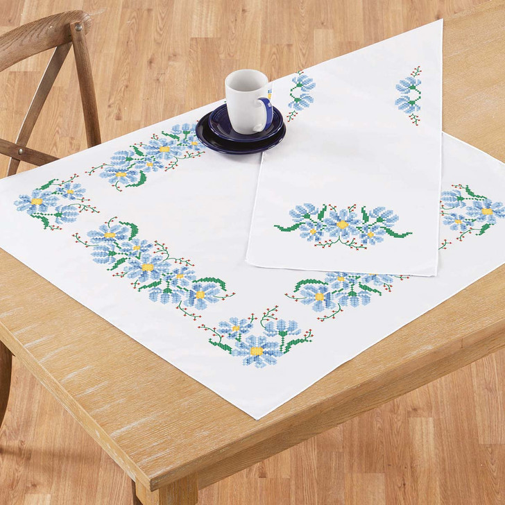 Herrschners Blue Blossoms Table Topper & Runner Stamped Cross-Stitch