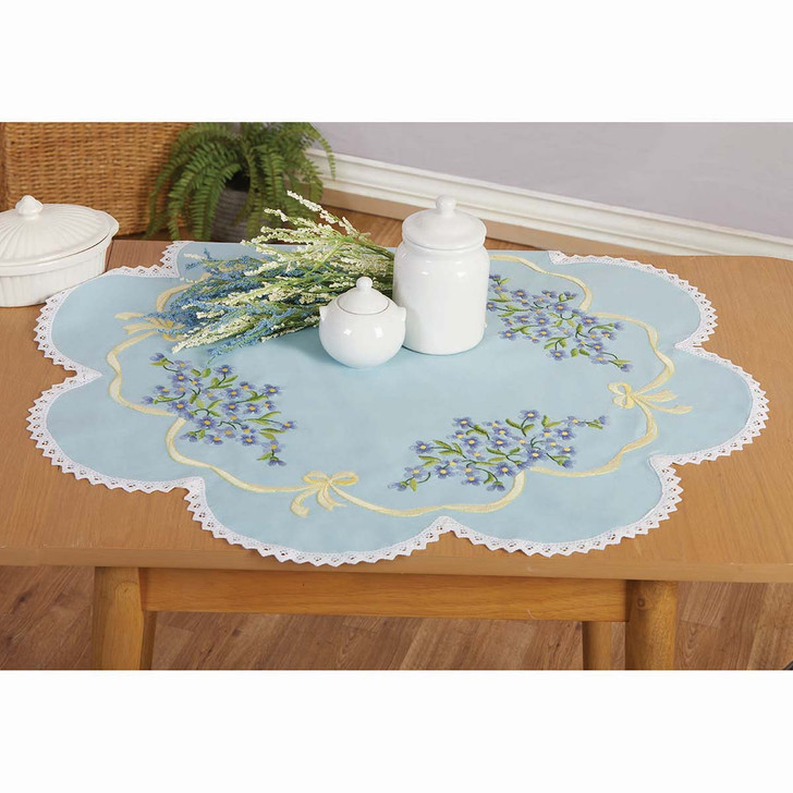 Herrschners Pocket Full of Pansies Shaped Table Topper Stamped Embroidery Kit