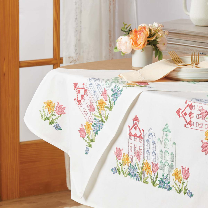 Herrschners Bright Buildings Table Runner Stamped Cross-Stitch Kit