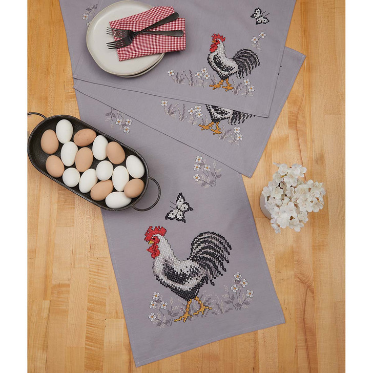 Herrschners Black,White,&Feathered Table Runner & Place Mats Set Stamped Cross-Stitch Kit