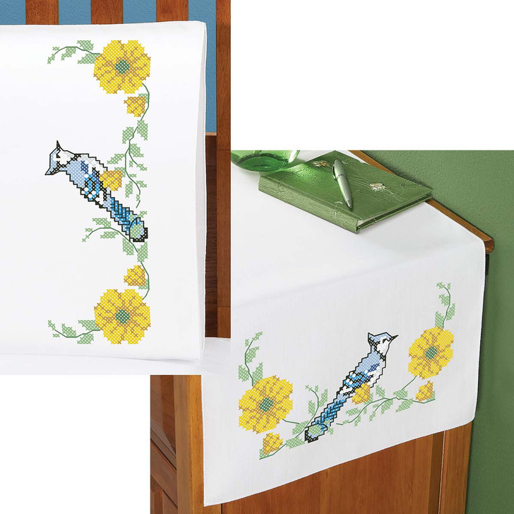 Herrschners Backyard Blue Jay Pillowcase Pair or Dresser Scarf Thread Kit