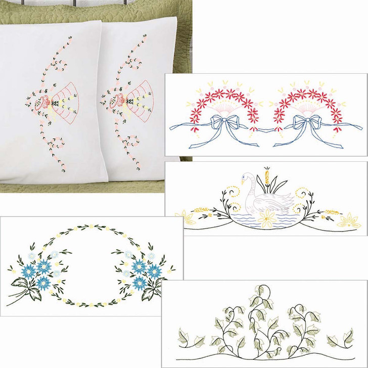 Herrschners Spring 2026 Revival Pillowcase Pairs, Set of 5 Stamped Embroidery
