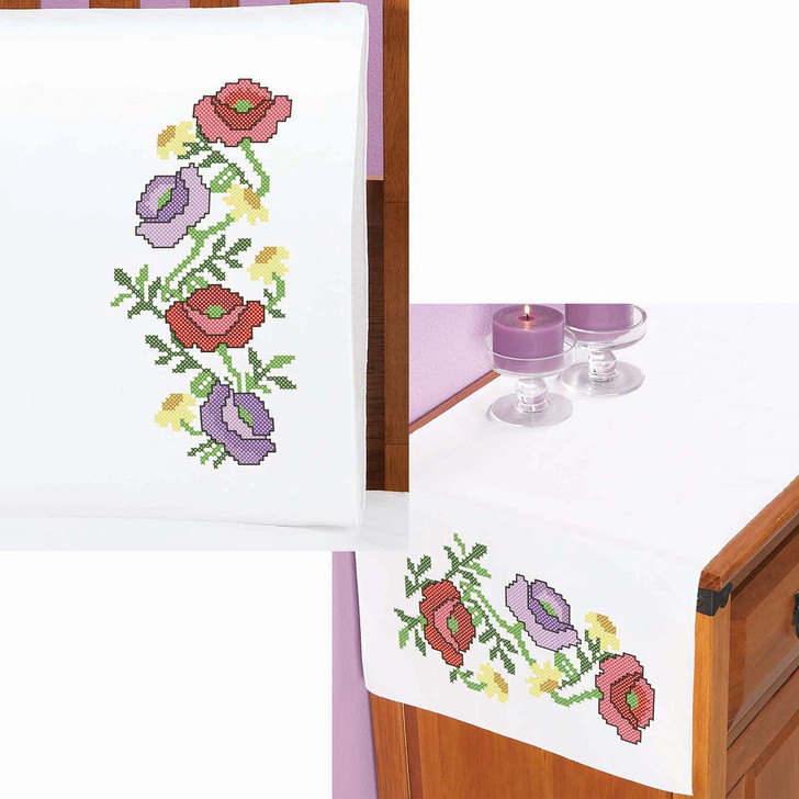 Herrschners Harmony Pillowcase Pair & Dresser Scarf Set Stamped Cross-Stitch